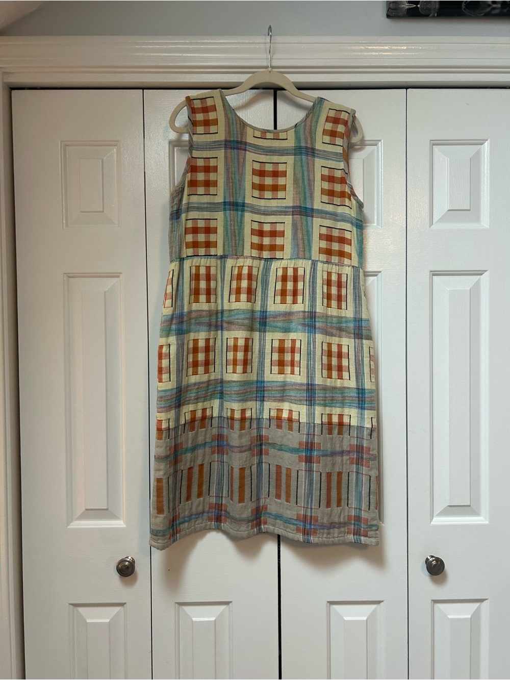 Ace & Jig Cream Plaid Sleeveless Cotton Dress with Rust and Blue Accents - Picture 3 of 5